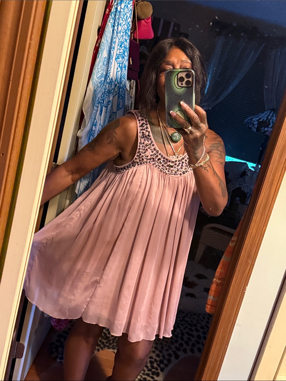 Sleeveless Embellished Scoop Neck Pink Swing Dress